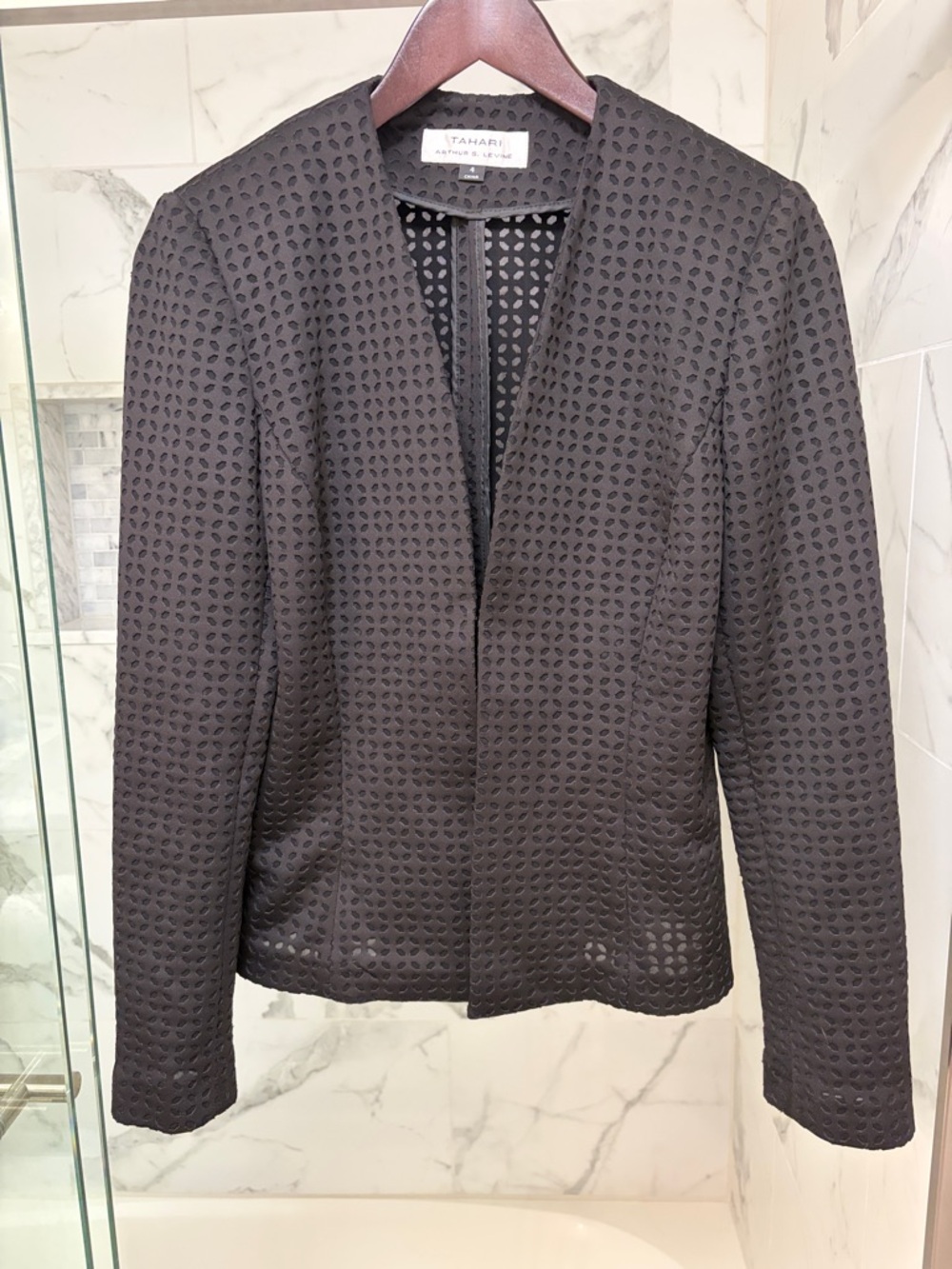 Tahari Black Open-Front Eyelet Blazer